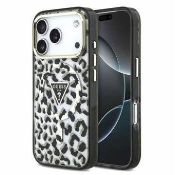 Guess IML Glitter Leopard Triangle Logo MagSafe Case for iPhone 18 Pro Max Black