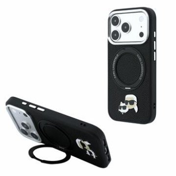 arl Lagerfeld PU Grained K&CH Heads Ring Stand Magsafe Case for iPhone 18 Pro Max Black