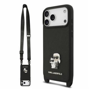 Karl Lagerfeld Saffiano Crossbody Strap Metal Karl and Choupette Case for iPhone 18 Pro Black