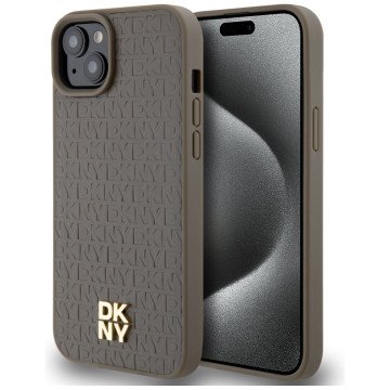DKNY Leather Pattern Metal Logo MagSafe Case for iPhone 15 Plus / 14 Plus - Brown