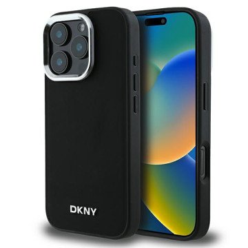 DKNY Plain Silver Logo MagSafe iPhone 16 Pro Case - Black