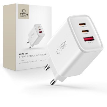 Tech-Protect NCA65W-GAN 3-Port 65W Wall Charger - White