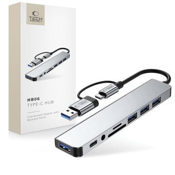 Tech-Protect HB06 HUB Adapter 8in1 TYPE-C + USB2.0 + USB3.0 + SD/TF + AV3.5 - gray Tech-Protect HB06 HUB Adapter 8in1 TYPE-C + USB2.0 + USB3.0 + SD/TF + AV3.5 - gray
