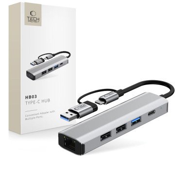 Tech-Protect HB03 HUB Adapter 5in1 USB-C + USB2.0 + USB3.0 + RJ45 - gray Tech-Protect HB03 HUB Adapter 5in1 USB-C + USB2.0 + USB3.0 + RJ45 - gray