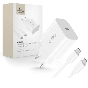 Tech-Protect NC20W PD20W USB-C wall charger with USB-C cable - white