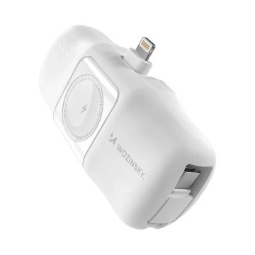 Wozinsky WF16-YLS 5000mAh 15W Lightning Mini Power Bank with Built-in USB-C Cable and Apple Watch Charger - White - OUTLET