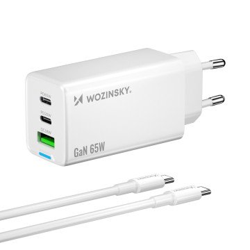 Wozinsky GaN 65W Charger with USB-A 2xUSB-C Ports with 65W USB-C Cable - White
