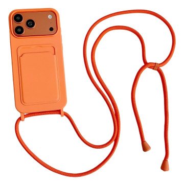 iPhone 17 Pro / 18 Pro Silicone Case with Card Pocket and Crossbody Strap - Orange iPhone 17 Pro / 18 Pro Silicone Case with Card Pocket and Crossbody Strap - Orange