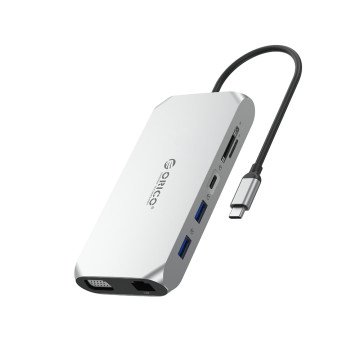 Orico XCR 12in1 USB-C Docking Station 3x USB-A 3.1 1x USB-A 2.0 1x USB-C PD 100 W 1x USB-C 3.1 1x HDMI 1.4 4K 30 Hz 1x VGA 1080p 1x SD 3.0 1x microSD 3.0 1x RJ45 Gigabit Ethernet 1x audio CTIA 3.5 mm - Silver