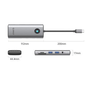Orico PW11 8in1 USB-C Docking Station 2x USB-A 3.0 1x USB-C PD 100W 1x HDMI 4K 60Hz 1x microSD/SD 1x RJ45 Gigabit Ethernet 1x Audio 3.5mm - Gray