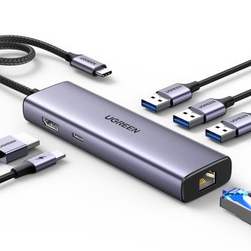 HUB Ugreen CM512 15598 6in1 USB-C - 3x USB-A 3.0 / HDMI / RJ45 / USB-C PD - gray HUB Ugreen CM512 15598 6in1 USB-C - 3x USB-A 3.0 / HDMI / RJ45 / USB-C PD - gray