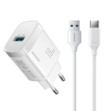Joyroom JR-TF4 18W wall charger with 3A USB-A - USB-C 1m cable - white Joyroom JR-TF4 18W wall charger with 3A USB-A - USB-C 1m cable - white
