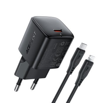 Acefast A118 30W GaN USB-C Wall Charger with 1.2m USB-C to Lightning Cable - Black