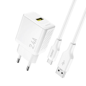 Dudao A23TEU 2.4A GaN USB-A Wall Charger with USB-A - USB-C Cable - White Dudao A23TEU 2.4A GaN USB-A Wall Charger with USB-A - USB-C Cable - White