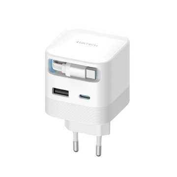Cuktech AD653W 67W GaN 2x USB-C + USB-A Wall Charger with 70cm Retractable USB-C Cable - White Cuktech AD653W 67W GaN 2x USB-C + USB-A Wall Charger with 70cm Retractable USB-C Cable - White