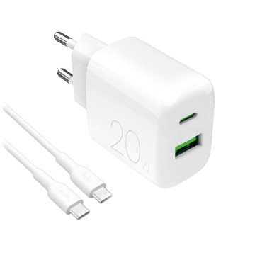 Puro PROLITE 20W USB-A / USB-C wall charger + USB-C - USB-C cable 1.2m - white Puro PROLITE 20W USB-A / USB-C wall charger + USB-C - USB-C cable 1.2m - white