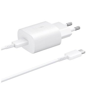 Samsung 25W EP-TA800EWE USB-C wall charger with Samsung EP-DA705BWE USB-C / USB-C cable replacement packaging - white
