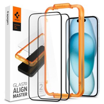 Spigen ALM Glass FC tempered glass for iPhone 15 - black 2 pcs. Spigen ALM Glass FC tempered glass for iPhone 15 - black 2 pcs.