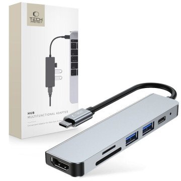 HUB Tech-Protect V4 6in1 USB-C - USB-A 3.0 / USB-A 2.0 / USB-C / HDMI / micro SD / TF / SD card reader - gray HUB Tech-Protect V4 6in1 USB-C - USB-A 3.0 / USB-A 2.0 / USB-C / HDMI / micro SD / TF / SD card reader - gray